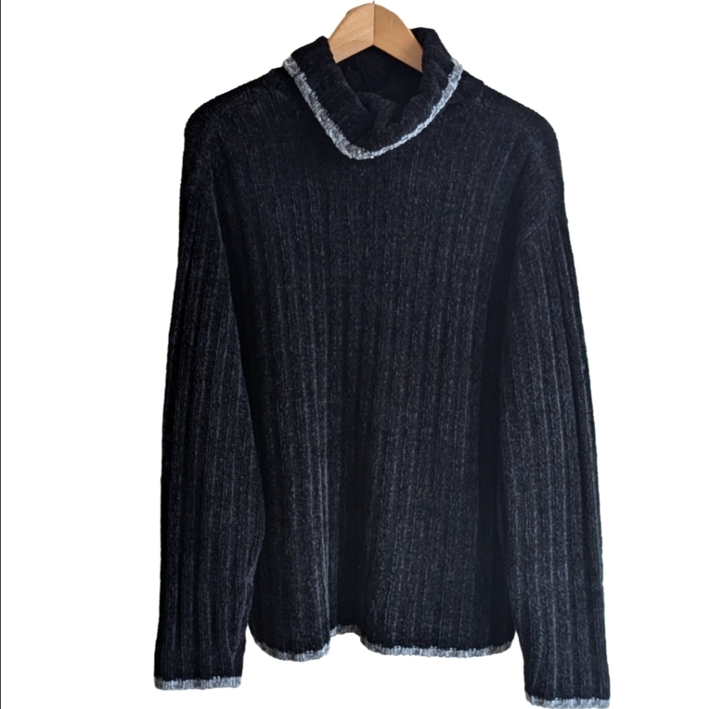 Vintage Turtleneck Sweater Chenille Ribbed Black Relaxed Fit Long Size L
